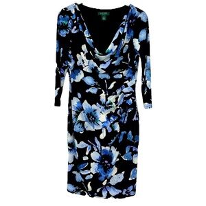 Lauren Ralph Lauren Black Blue Floral Old Money Draped Ruched Dress 12
